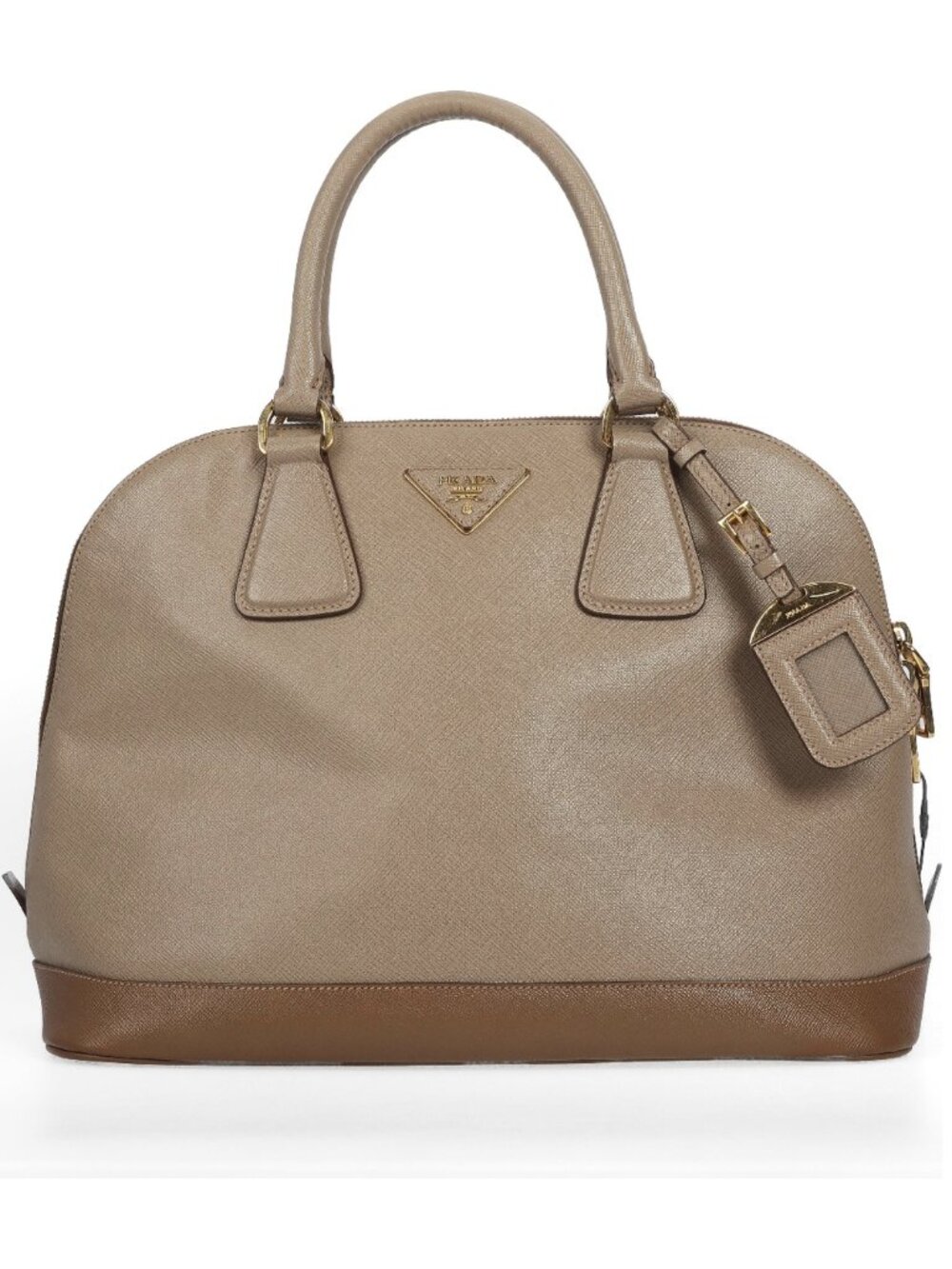 Authentic Prada Beige & Brown Saffiano Calfskin Top Handle Bag